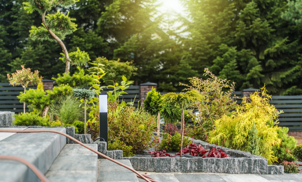 Beautifully Landscaped Backyard Garden Decorated with Ornamental Trees, Flowers and Bushes. Professional Landscaping and Gardening Theme.